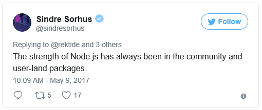 Screen capture of tweet from @sindresorhus: “The strength of Node.js has always been in the community and user-land packages.”