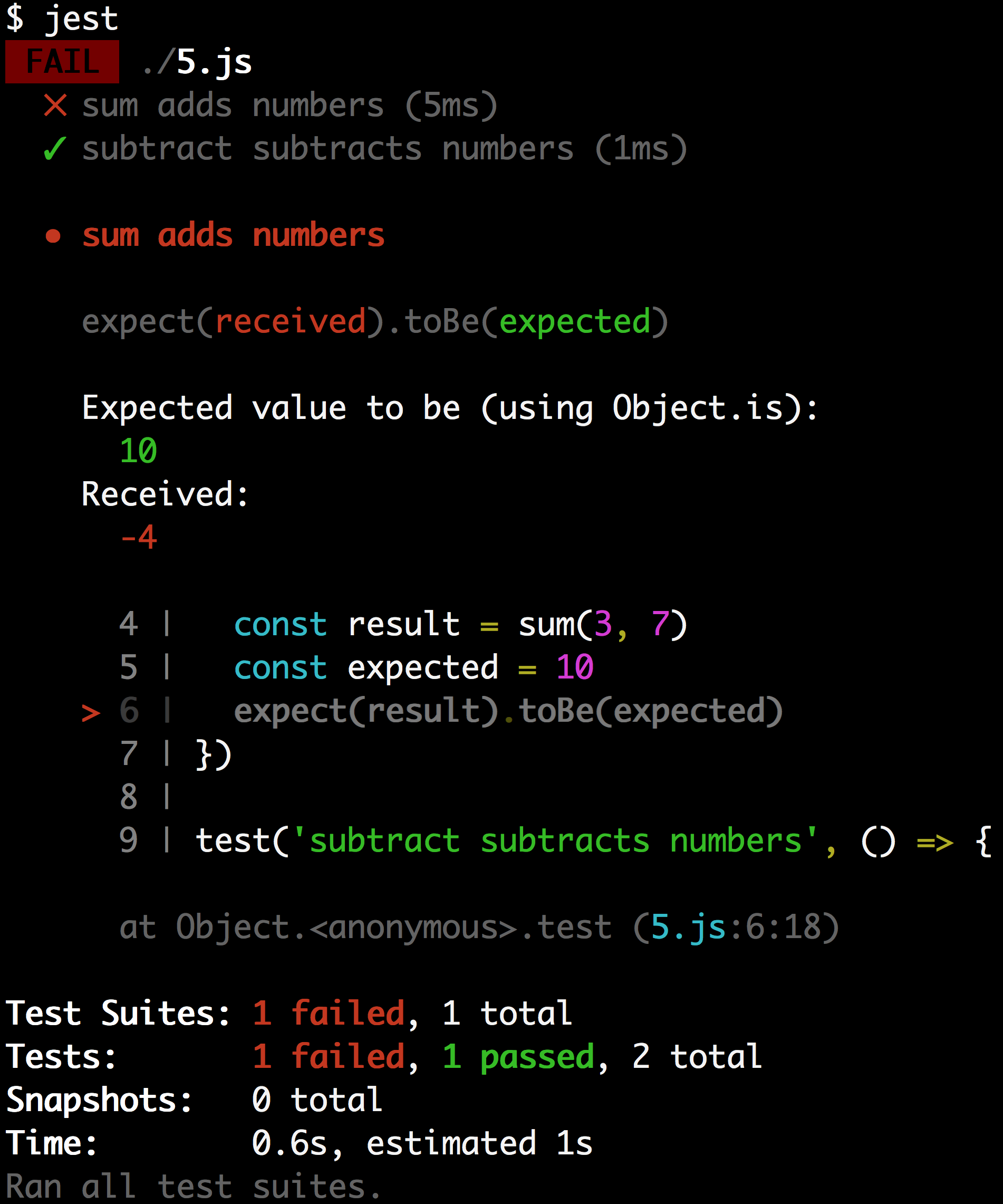 Screenshot of the output from running jest