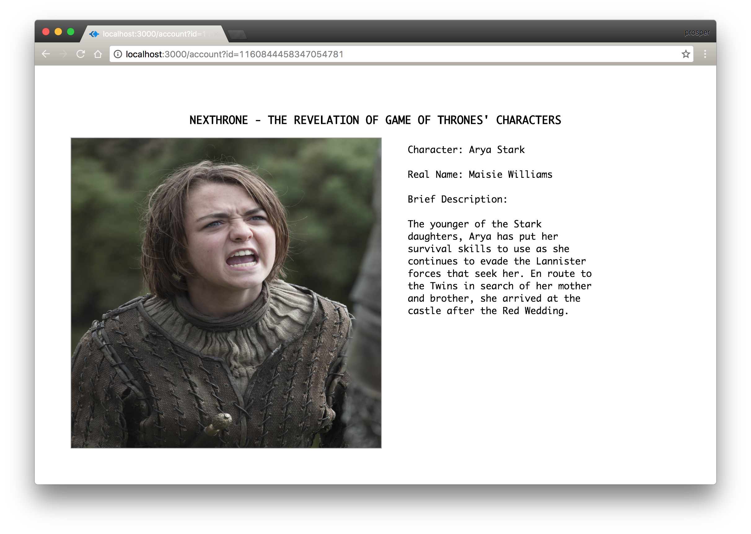 Arya Stark Account Page