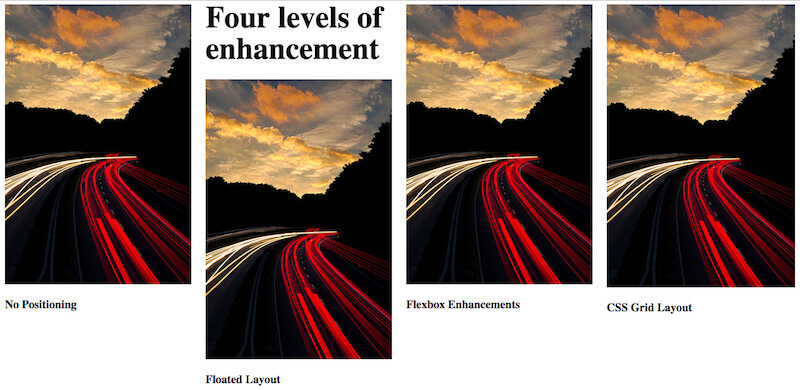 All items in the “four levels of enhancement” enhanced with CSS grid