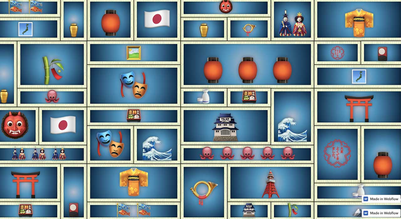 Built in Webflow, this Japanese-styled grid organizes these visuals both horizontally and vertically using a CSS grid.