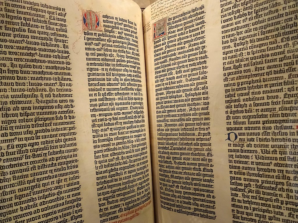 The Gutenberg Bible was one of the first large scale books ever to be released printed on presses using movable metal type.