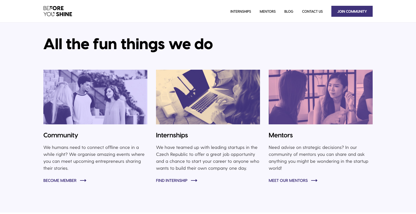 Before You Shine, a Czech startup, uses a three-column grid for this important block of content.