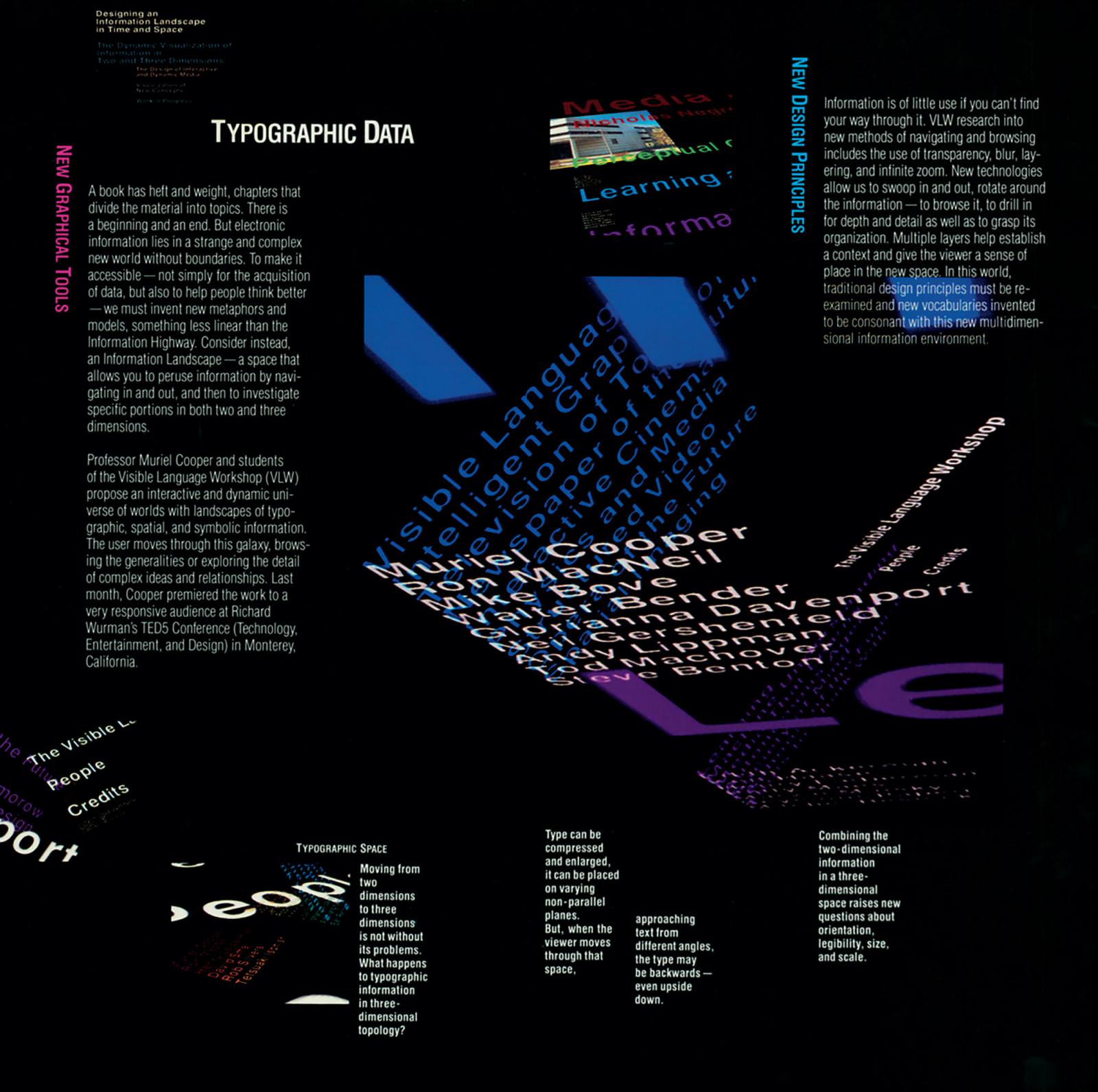 Muriel Cooper worked in both traditional graphic design and used computers in her work at MIT Publications. This piece promoting a summer workshop from 1983 took advantage of the power of this new technology. Source: Alliance Graphique International.